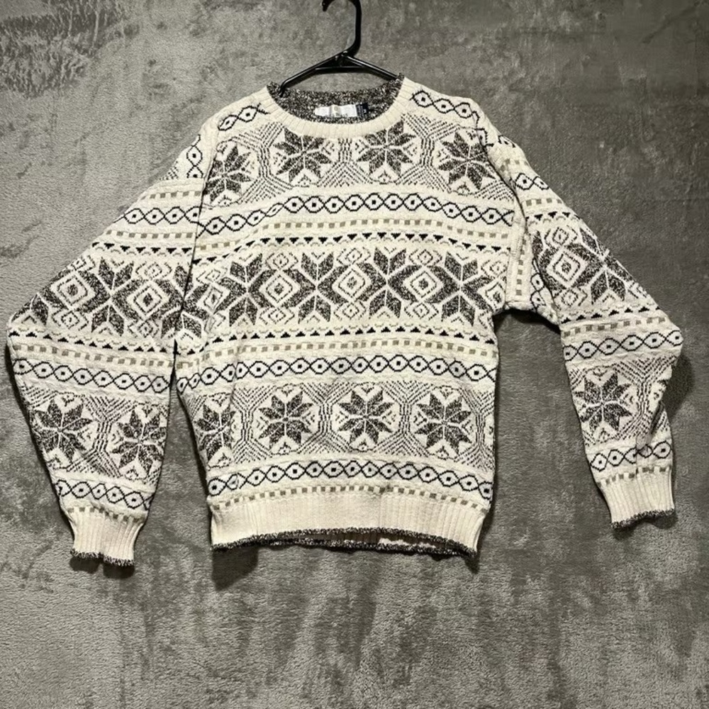 Men's Cream and Black Patterned Fair Isle Sweater - Picture 3 of 3